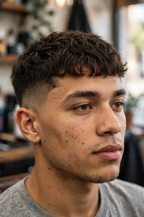 french crop para hombre con flequillo hacia adelante y laterales en fade