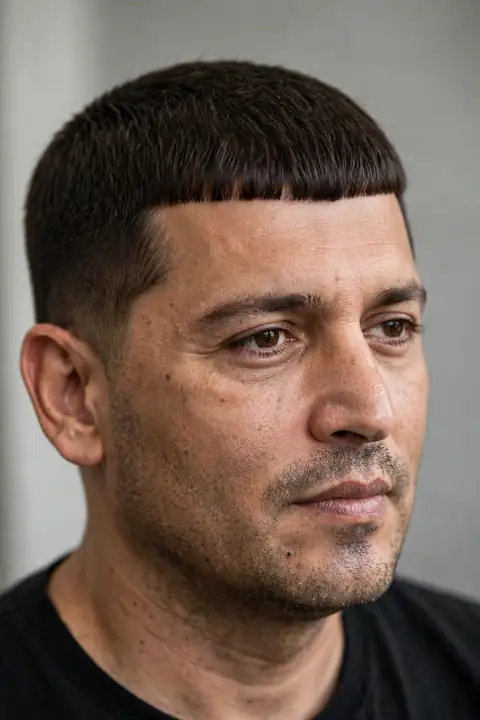 corte César para hombre con flequillo horizontal y laterales cortos