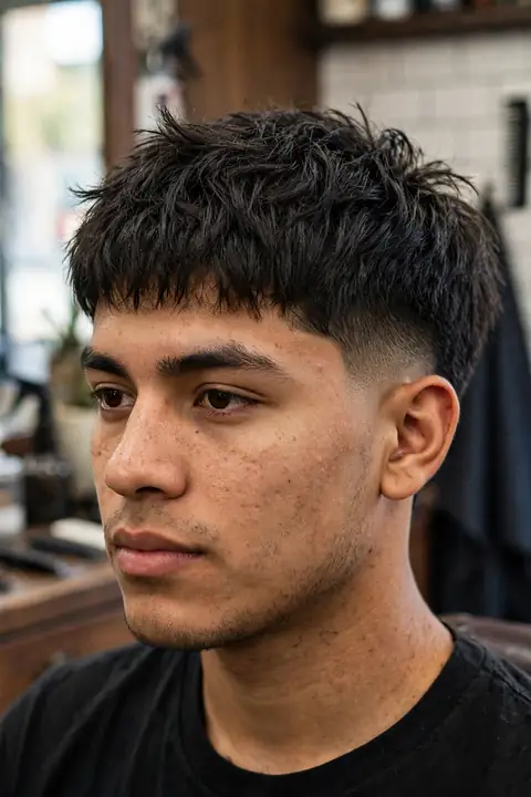 textured crop para hombre con acabado despeinado y laterales en fade