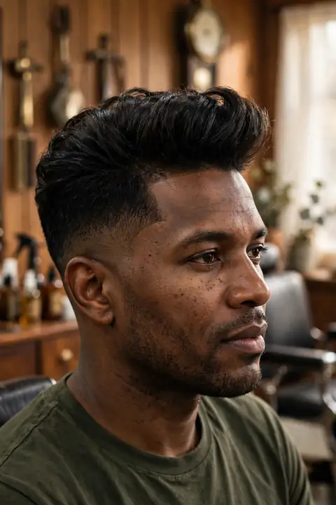 pompadour para hombre con gran volumen peinado hacia atrás