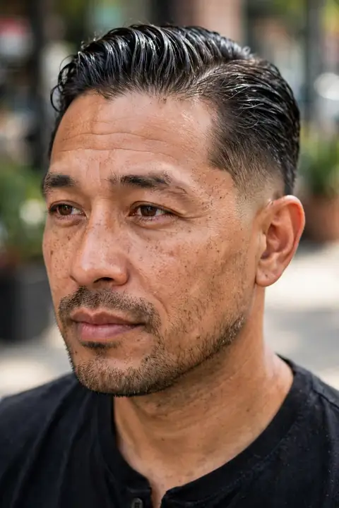 slick back para hombre con cabello peinado hacia atrás y laterales en taper