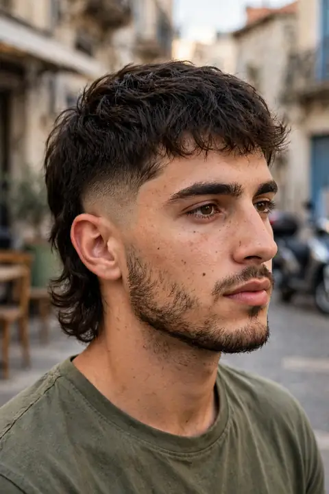 mullet moderno para hombre con capas y degradado en los laterales
