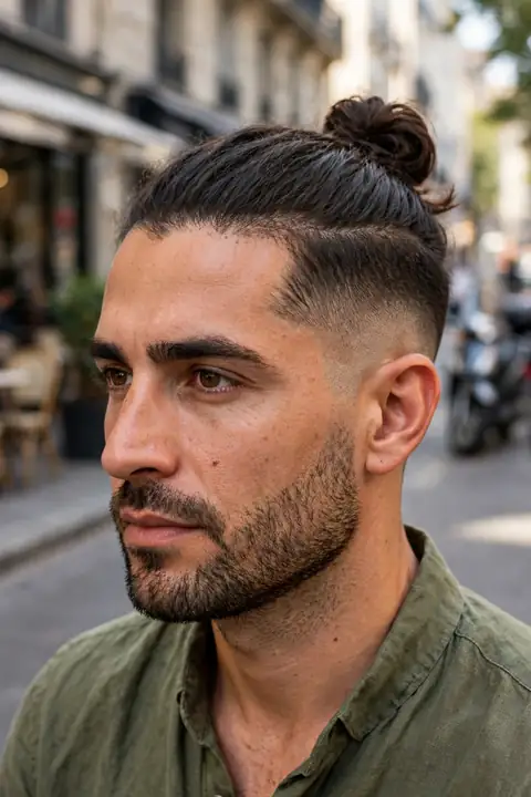 man bun para hombre con moño en la coronilla y laterales en fade
