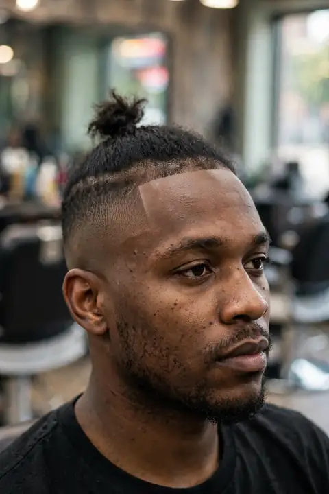 top knot para hombre con moño alto y laterales rapados