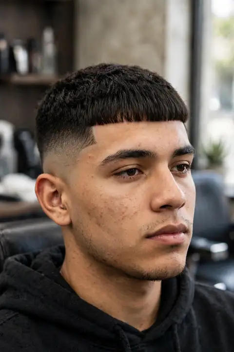 corte Edgar para hombre con flequillo contundente y high fade