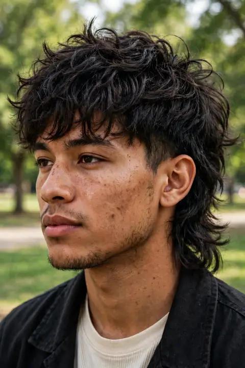wolf cut para hombre con capas desfiladas y mucho volumen