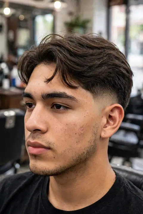 corte librito para hombre con fade y flequillo pequeño hacia un lado