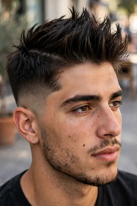 faux hawk para hombre con franja central levantada y laterales en fade