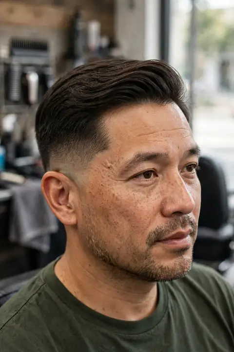 comb over para hombre con parte superior peinada de lado y low fade