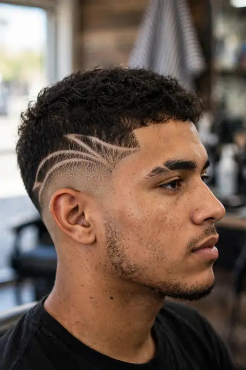 diseño a navaja para hombre con líneas artísticas en el fade lateral