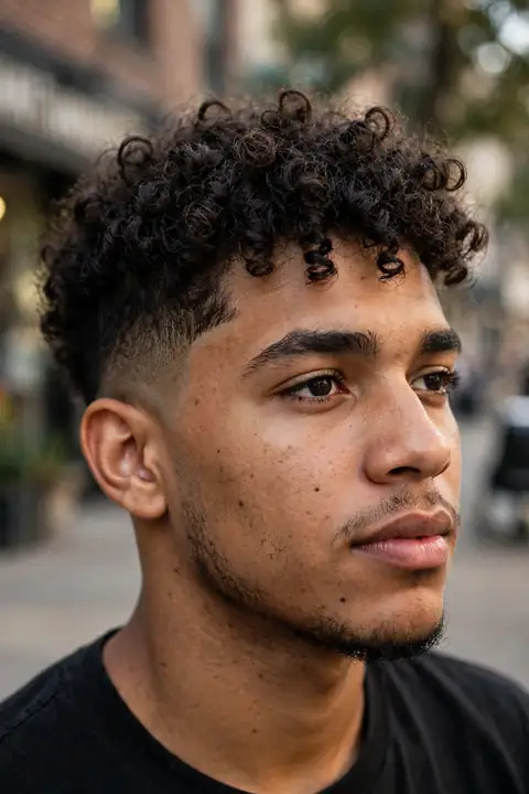 rizos definidos para hombre con rizo natural y laterales en taper