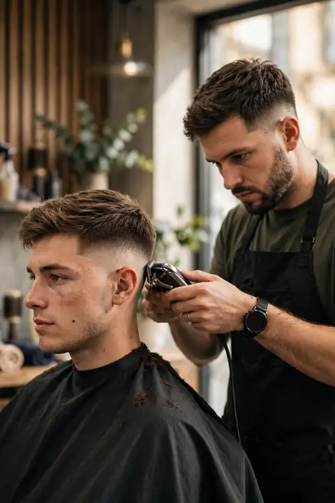 barbero recortando un corte de pelo moderno para hombre en la barbería