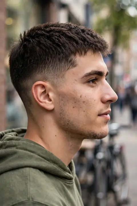 perfil de un joven con corte de pelo texturizado y degradado bajo