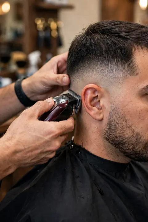 barbero haciendo un corte low taper para hombre