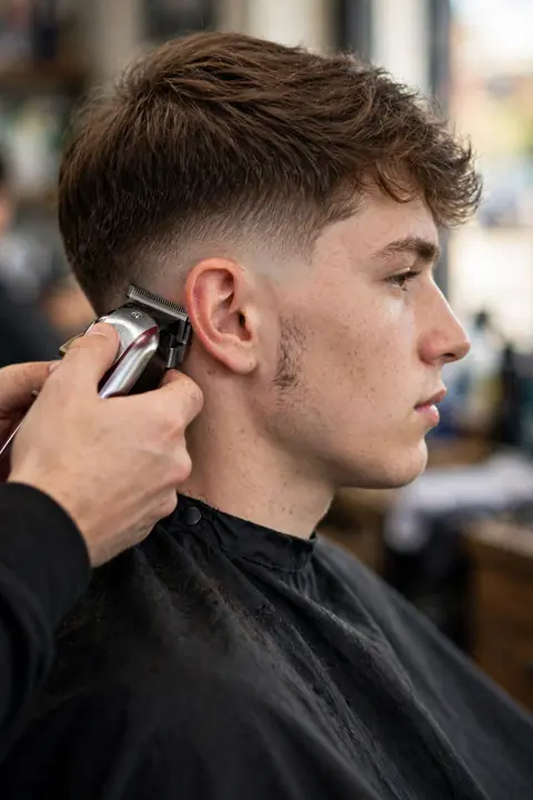 barbero haciendo un corte low taper en la barbería