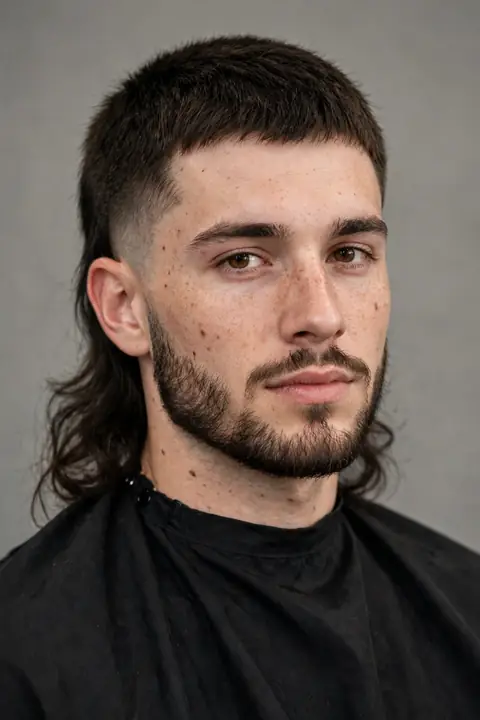 mullet hombre con barba arreglada