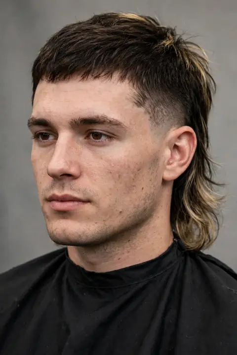 mullet hombre con mechas en la parte trasera