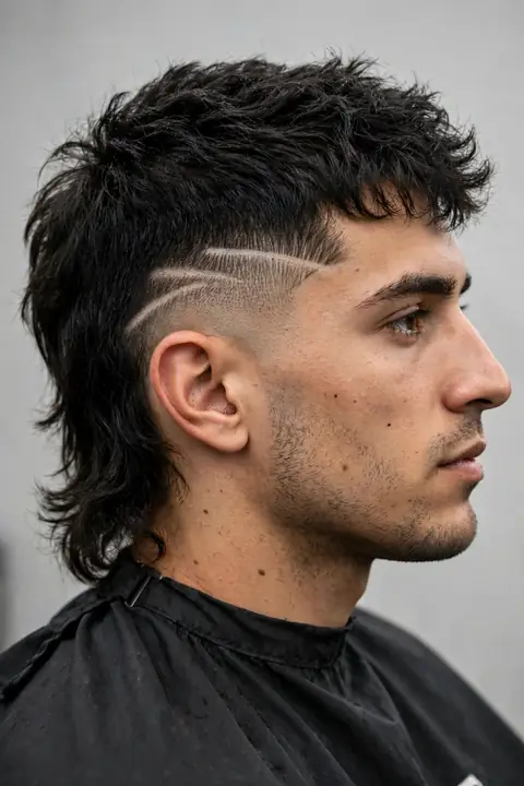 mullet hombre con diseño rapado en el lateral