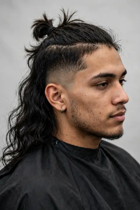 mullet hombre con top knot recogido arriba