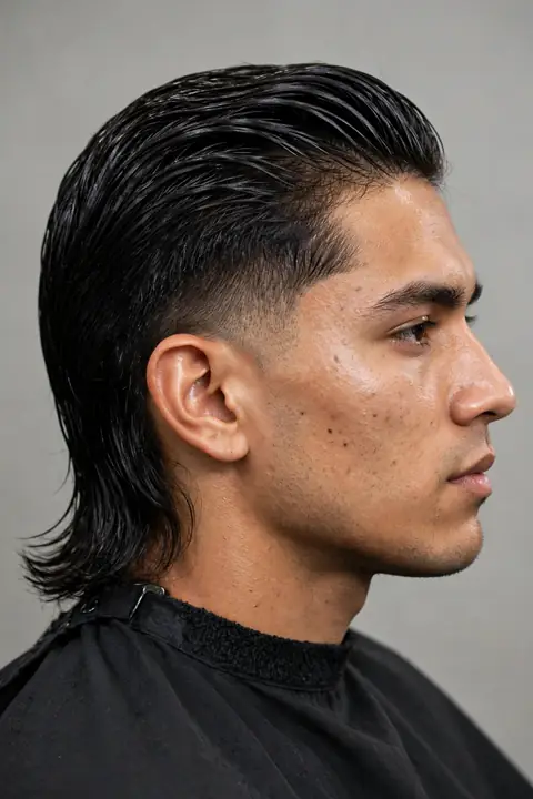 mullet hombre con efecto mojado peinado hacia atrás