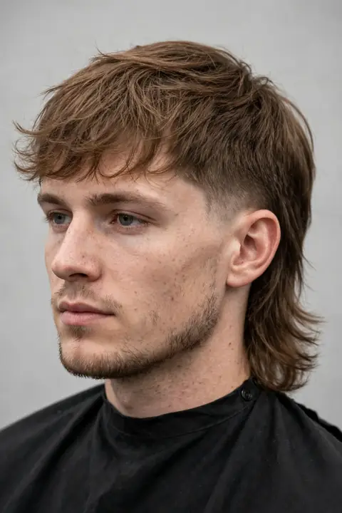 mullet hombre con flequillo desfilado al frente