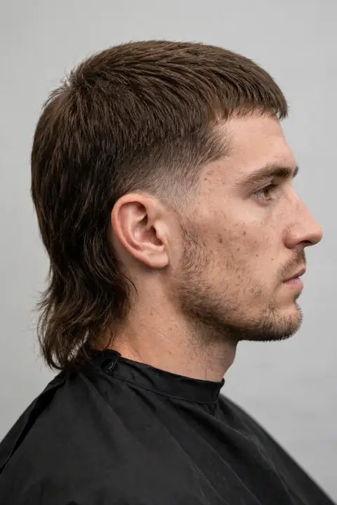 silueta del corte mullet hombre de perfil, corto adelante y largo atrás