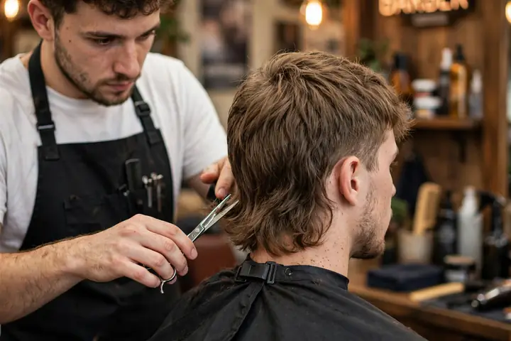 barbero recortando un corte mullet hombre en la barbería