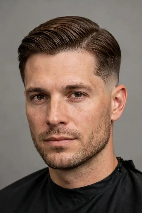 corte taper fade clásico para hombre con raya lateral