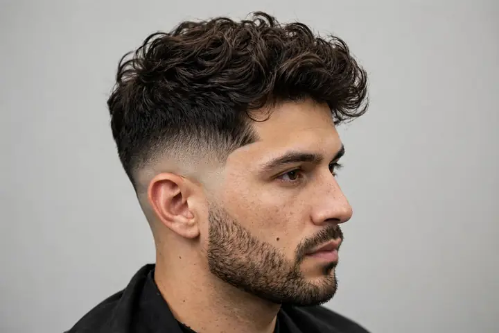 mid taper fade para hombre con parte superior ondulada