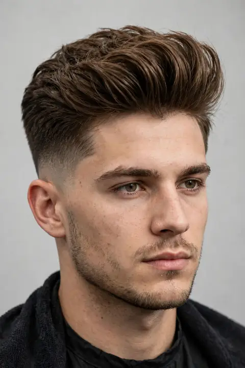 taper fade para hombre con quiff voluminoso