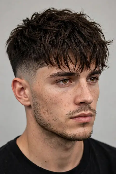 taper fade para hombre con flequillo texturizado