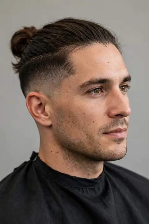 taper fade para hombre con man bun y cabello largo recogido