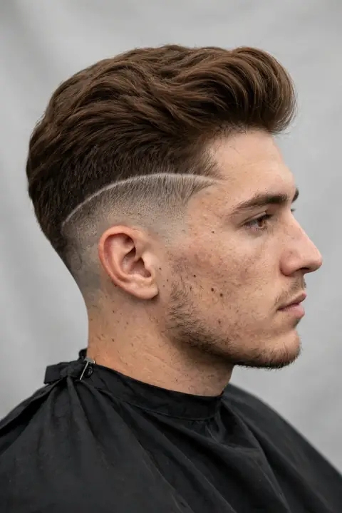 taper fade para hombre con raya marcada a navaja