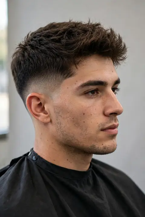 hombre joven con corte taper fade bajo y cabello texturizado