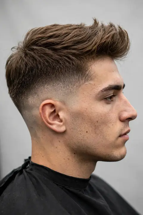 perfil de hombre joven con taper fade medio y quiff