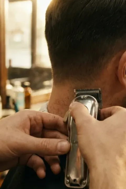 Barbero retocando la nuca de un taper fade con perfiladora