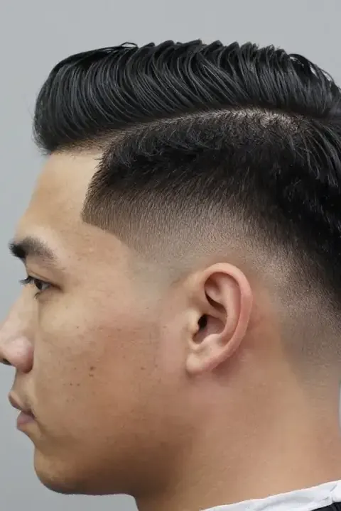 Side part con taper fade Side part clásico con taper fade, raya al lado definida