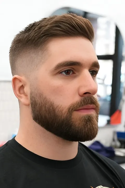 Taper fade con barba estilo Taper fade con barba poblada en vista tres cuartos