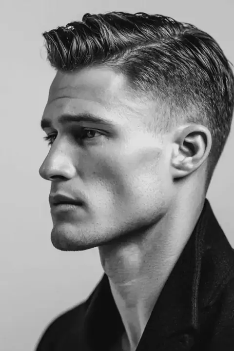 Taper fade para cara alargada Hombre de cara alargada con corte de proporciones equilibradas