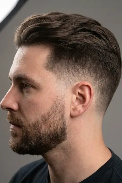 Hombre con taper fade y barba bien arreglada, retrato natural