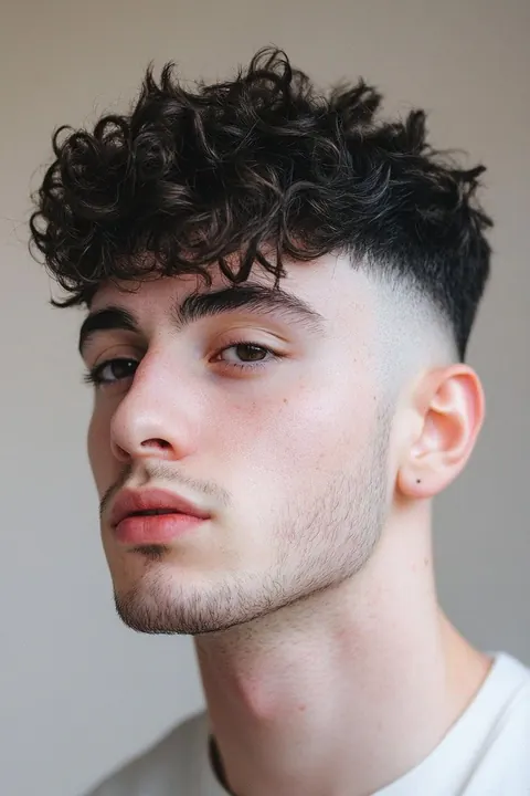 Taper fade rizado de frente Taper fade rizado visto de frente con rizos naturales definidos