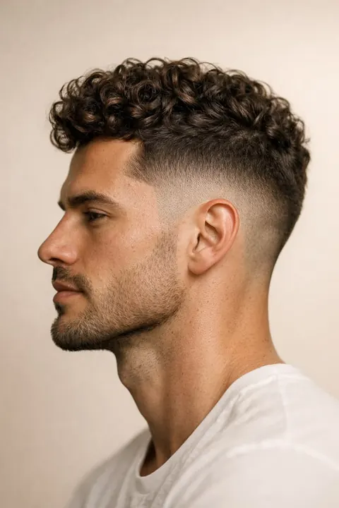 Perfil de un taper fade rizado mostrando el degradado lateral