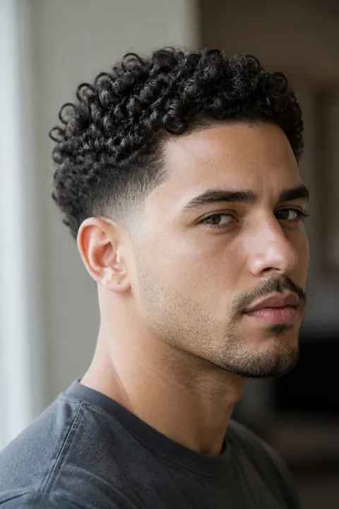 Hombre con taper fade rizado, rizos definidos arriba y laterales degradados