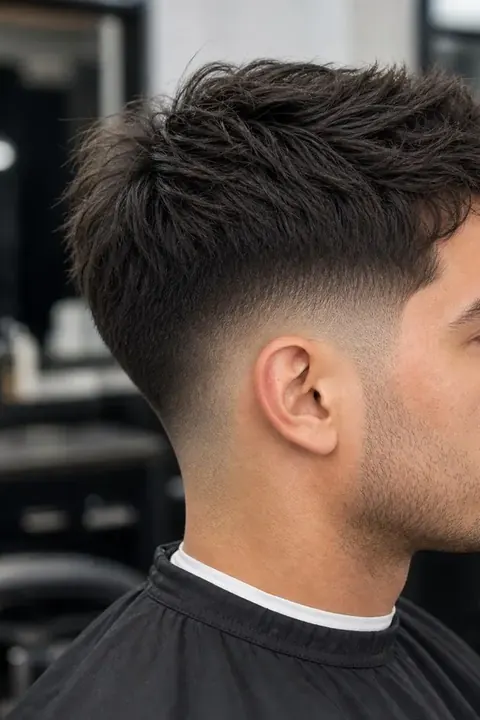 Hombre con taper fade texturizado, pelo con movimiento natural arriba