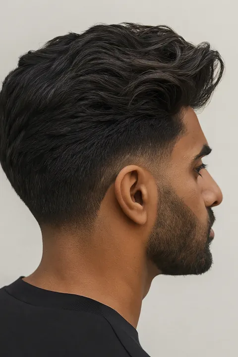 Low taper fade con barba arreglada visto de perfil Low taper fade con barba arreglada visto de perfil