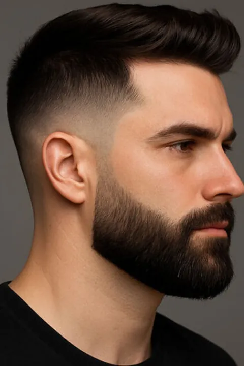 Taper fade bajo con barba completa sobre fondo oscuro Taper fade bajo con barba completa sobre fondo oscuro
