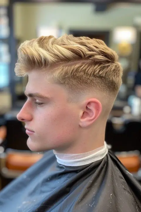 Taper fade con línea diseñada en cabello rubio texturizado