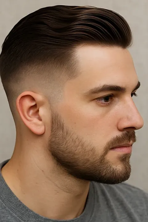 Corte taper fade clásico con la parte superior peinada hacia atrás, vista de perfil