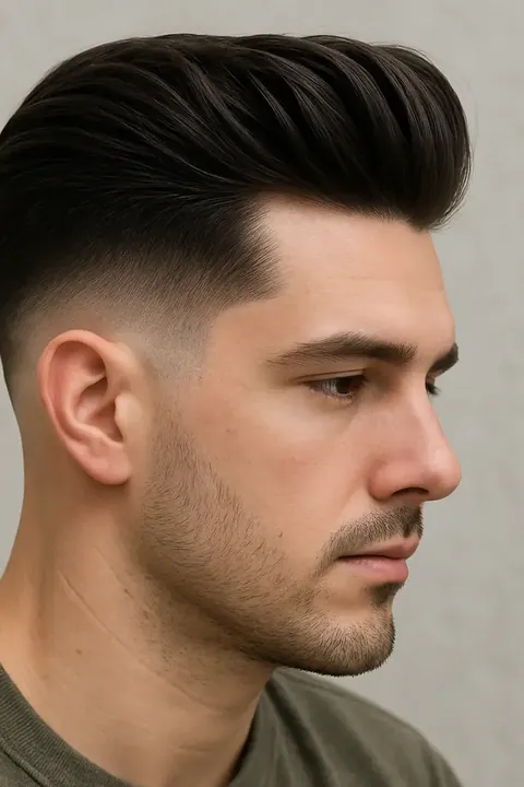 Pompadour con taper fade, vista lateral