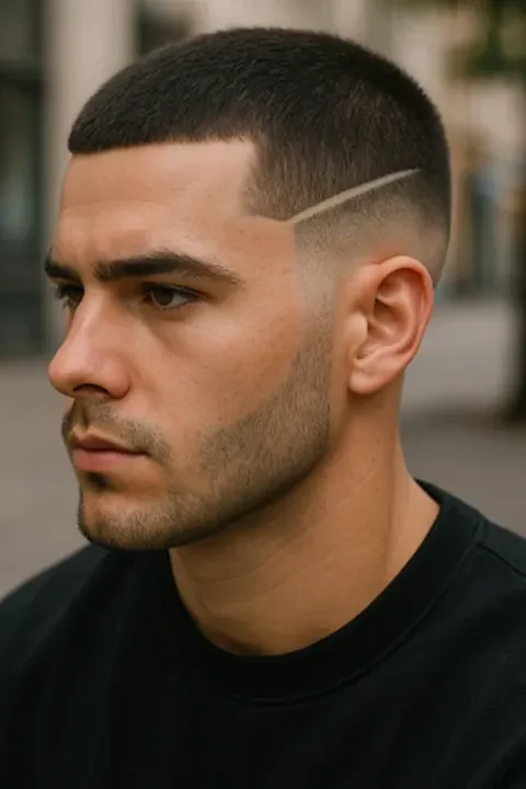 Buzz cut con low taper fade y línea de diseño recién cortado Buzz cut con low taper fade y línea de diseño recién cortado